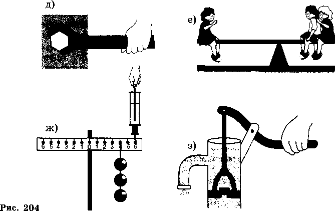 На рисунке 204 у каждого рычага найдите точку опоры и плечи определите направление сил